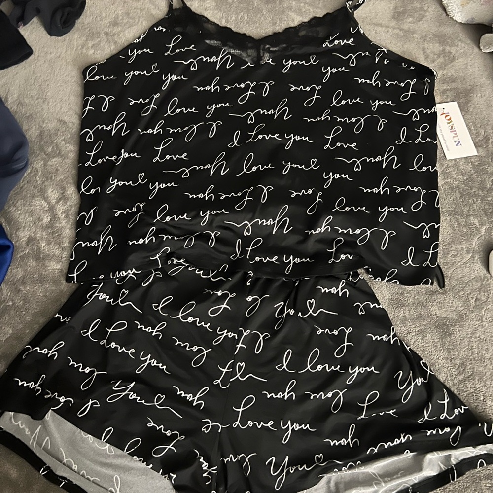 Womens Dreamy Soft Lace Trim knit Cami and short set with words words I Love You - Picture 3 of 7